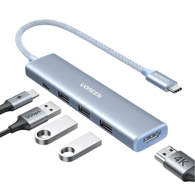 UGREEN Hub USB C 5 en 1 avec HDMI 4K 100W PD Charge 3 Ports USB 3.0 Adaptateur USB C (Bleu)