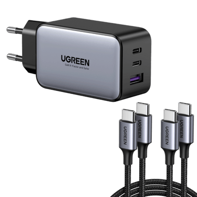 UGREEN Nexode Travel Chargeur 65W Rapide 3 Ports vers 2 Cable  USB C PD 60W