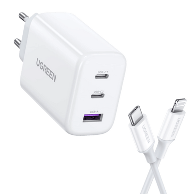 UGREEN 65W Chargeur USB C Rapide 3 Ports vers USB C Cable Lightning MFi