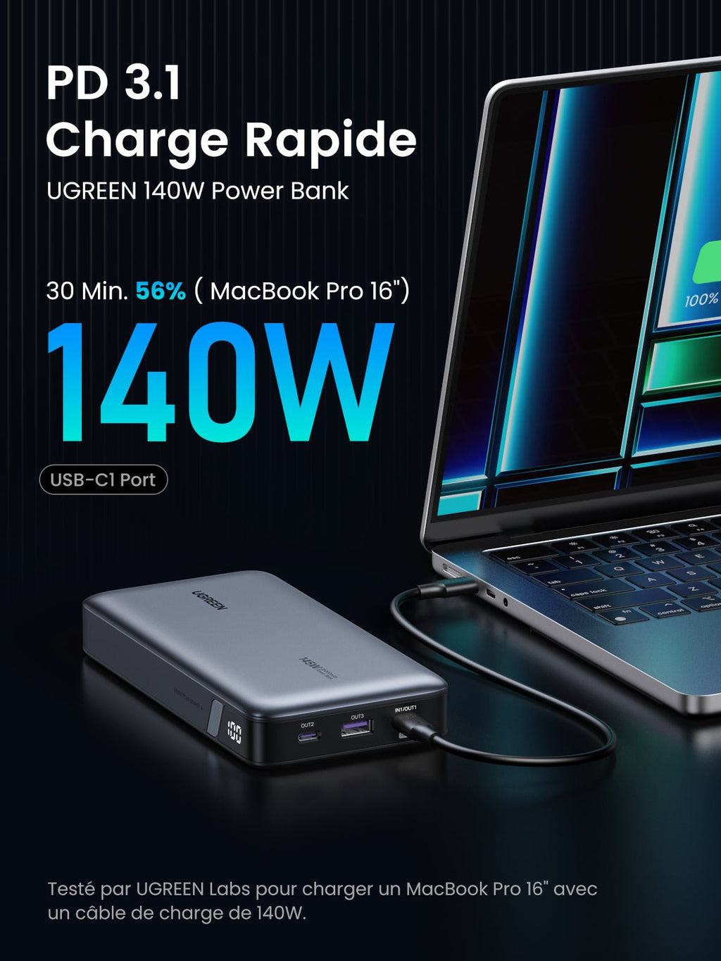 UGREEN Batterie Externe Portable USB C 25000 mAh 145W 3 Sorties Câble