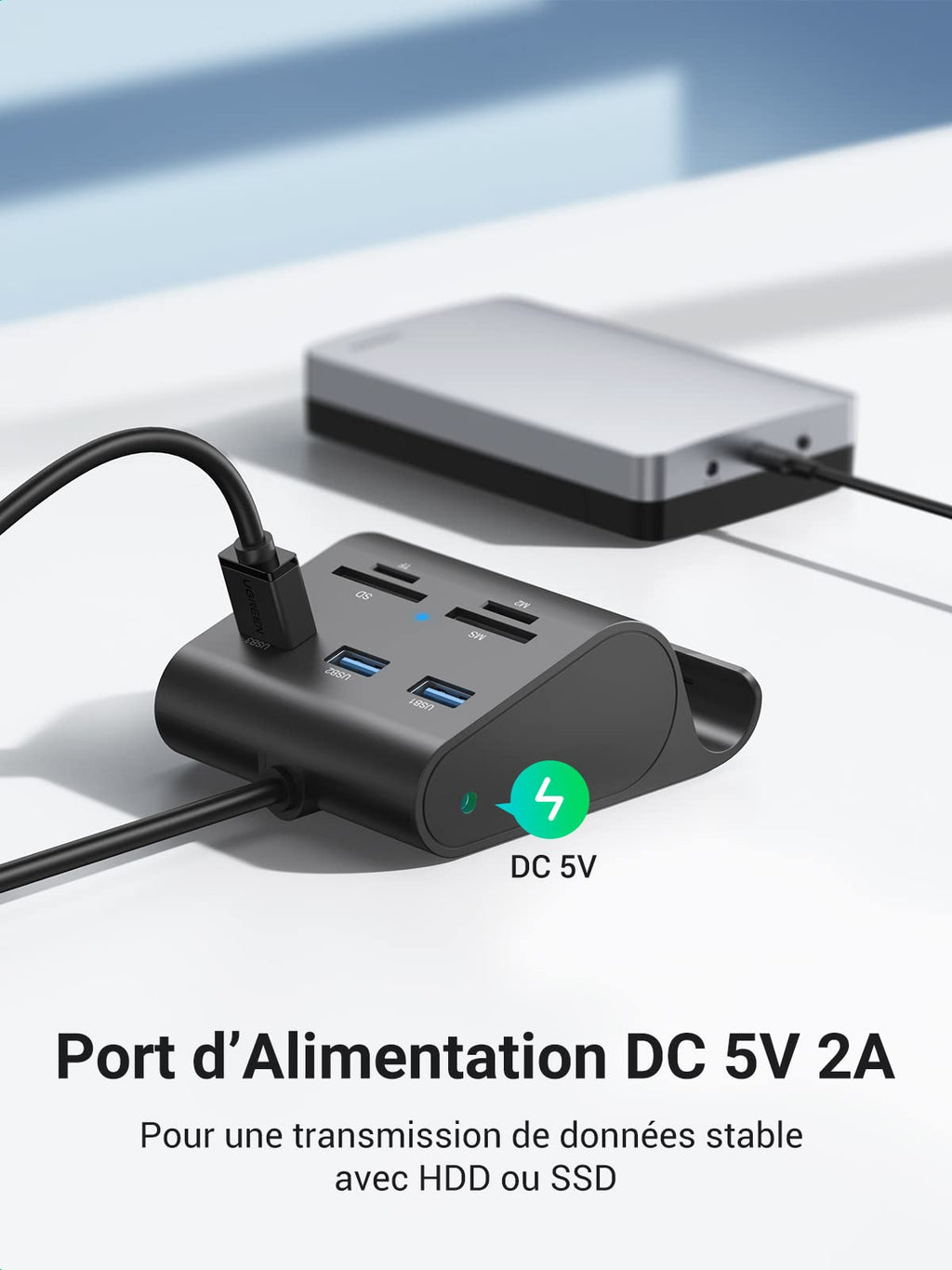 UGREEN Hub USB A 3.0 avec Lecteur de Carte Micro SD MS M2 et 3 Ports