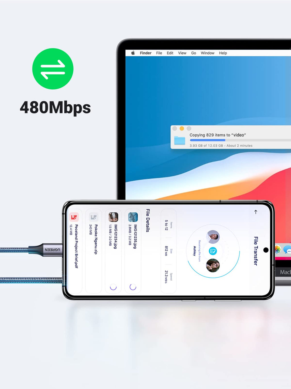 UGREEN Câble USB C vers USB C PD Charge Rapide 60W Nylon Tressé