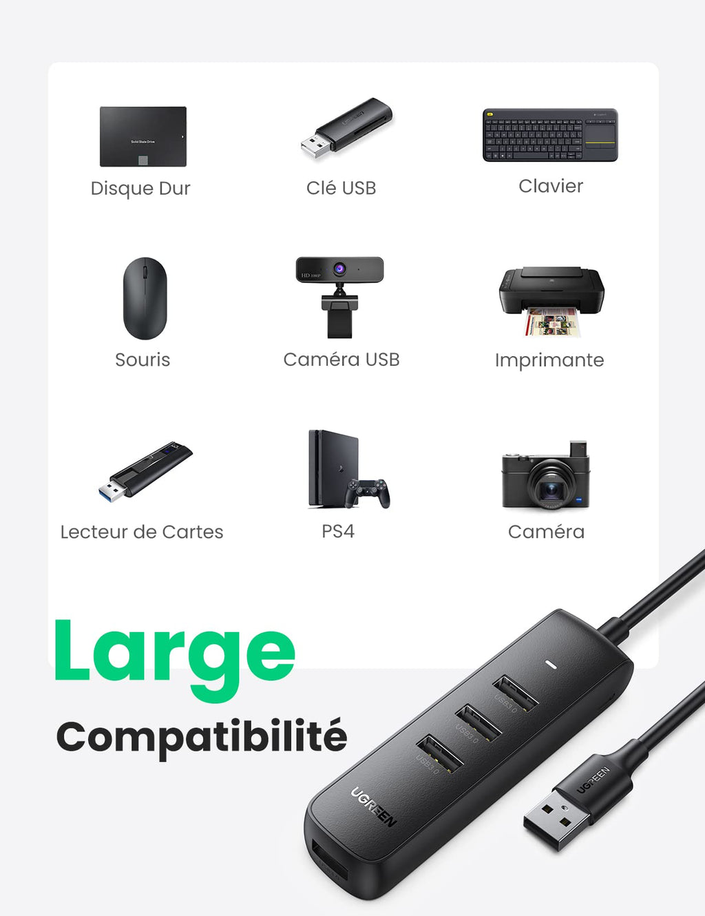 UGREEN Hub USB 3.0 vers 4 Ports USB 5Gbps Transfert Rapide Adaptateur