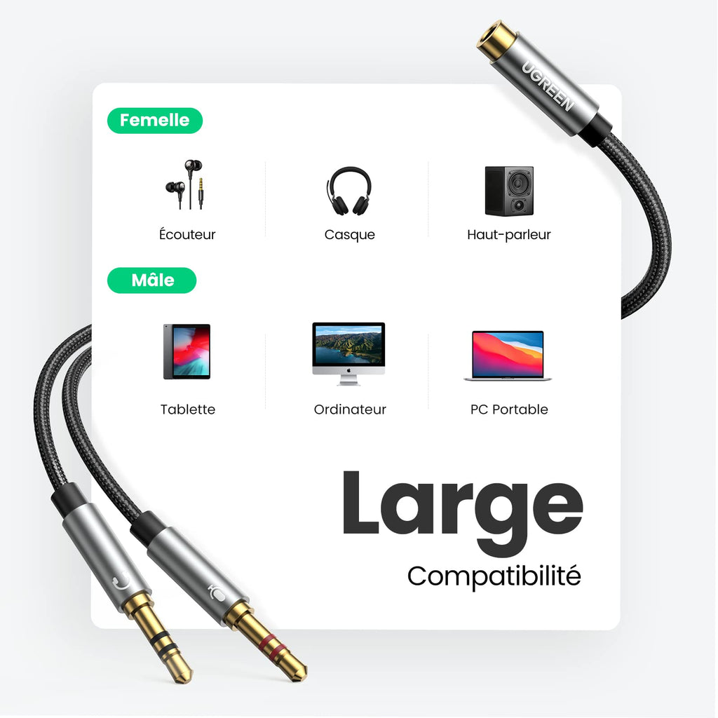 UGREEN Adaptateur Jack Audio Stéréo 3.5mm Adaptateur Micro Casque Femelle vers 2 Mâle Câble Splitter Y Jack Audio Compatible avec Ordinateur PC Haut Parleur Enceinte 20cm