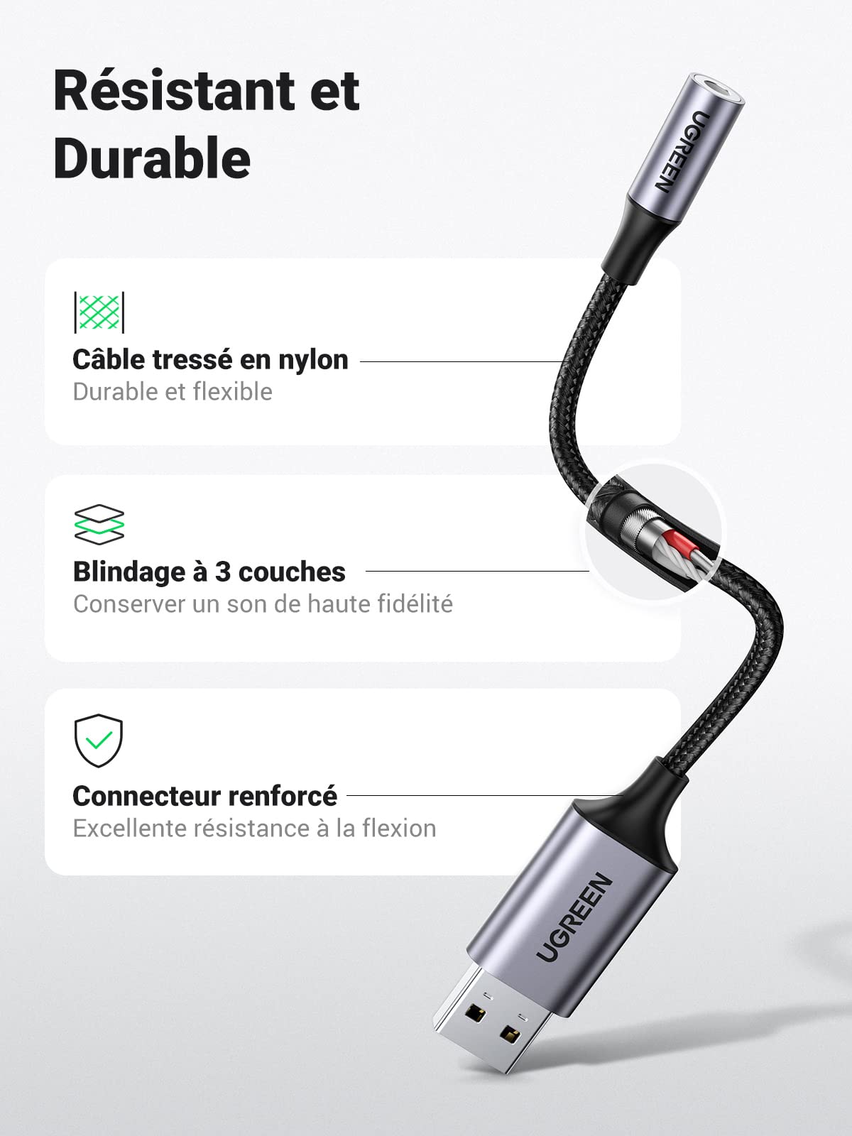 UGREEN Adaptateur USB vers Jack 3,5mm Carte Son Externe USB