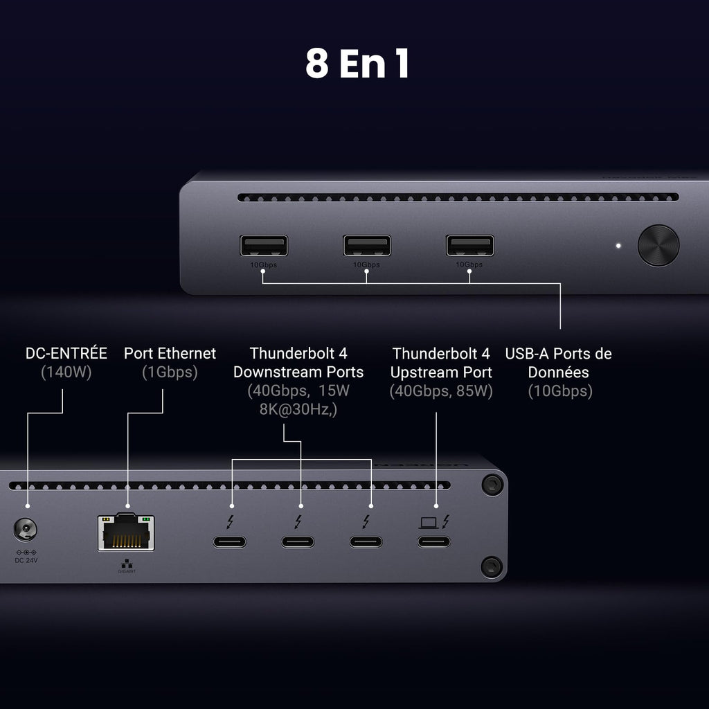 UGREEN Revodok Max 208 Dock Station Accueil 8 en 1 Triple Thunderbolt 4 15W 40Gbps Unique 8K30Hz Double Écran 4K60Hz Hub USB 3.2 10Gbps Dock USB C Ethernet RJ45 1000Mbps DC 140W Alimenté