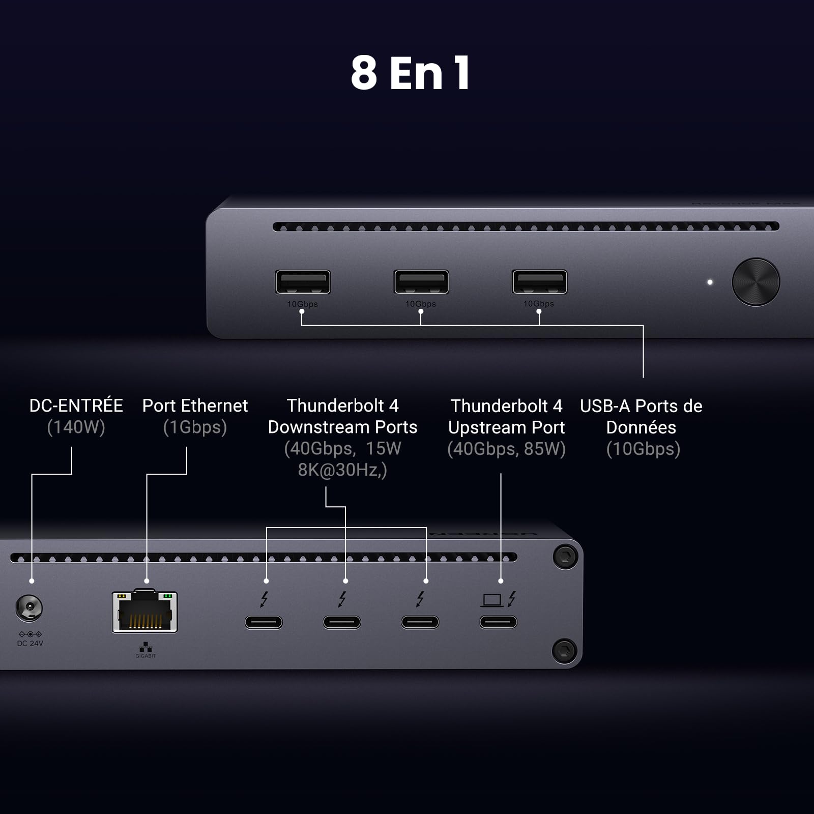 UGREEN Revodok Max 208 Dock Station Accueil 8 en 1 Triple Thunderbolt 4 15W 40Gbps Unique 8K30Hz Double Écran 4K60Hz Hub USB 3.2 10Gbps Dock USB C Ethernet RJ45 1000Mbps DC 140W Alimenté
