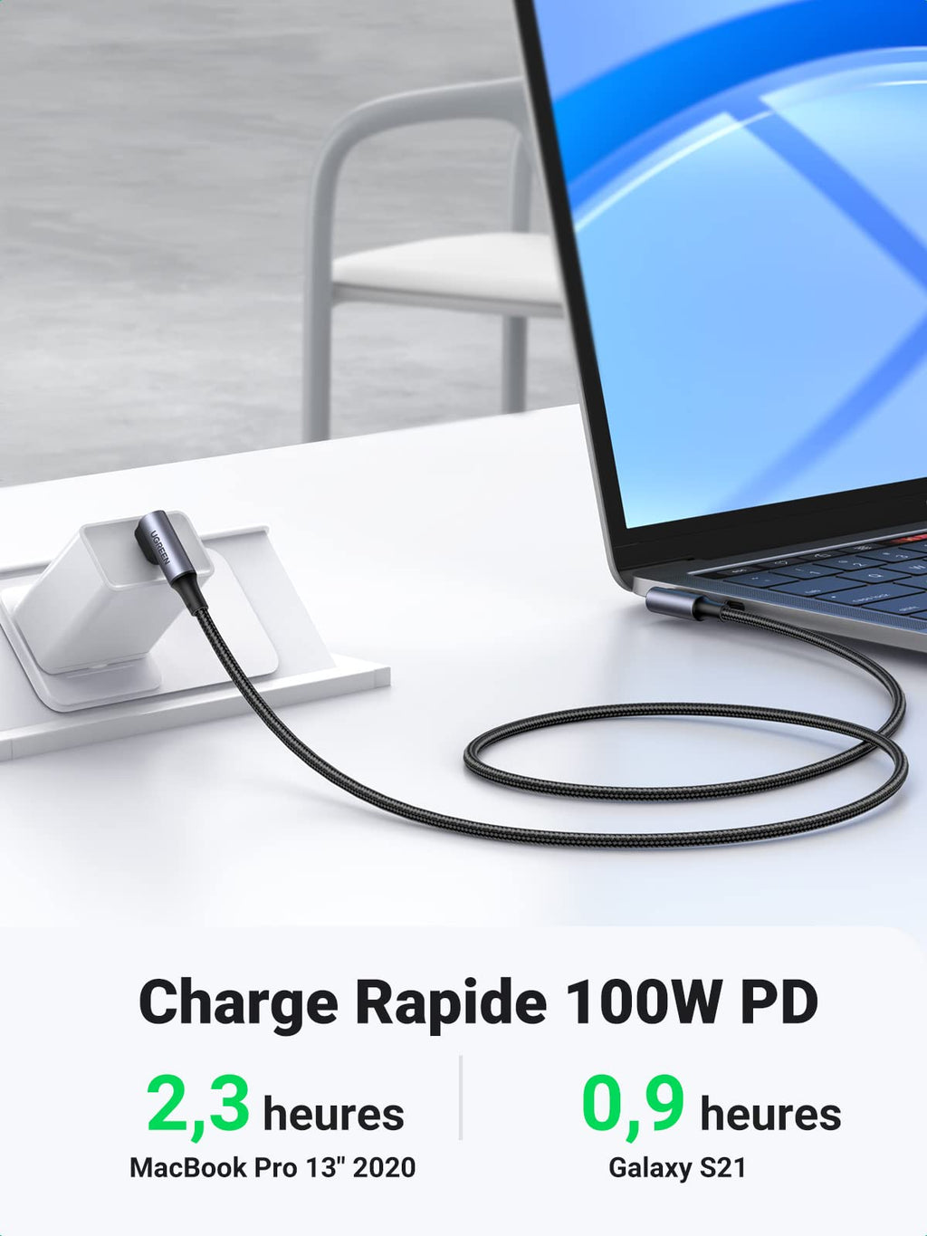 UGREEN Câble USB C vers USB C Coudé 100W 5A Câble USB Type C 90 Degrés Charge Rapide Nylon Tressé