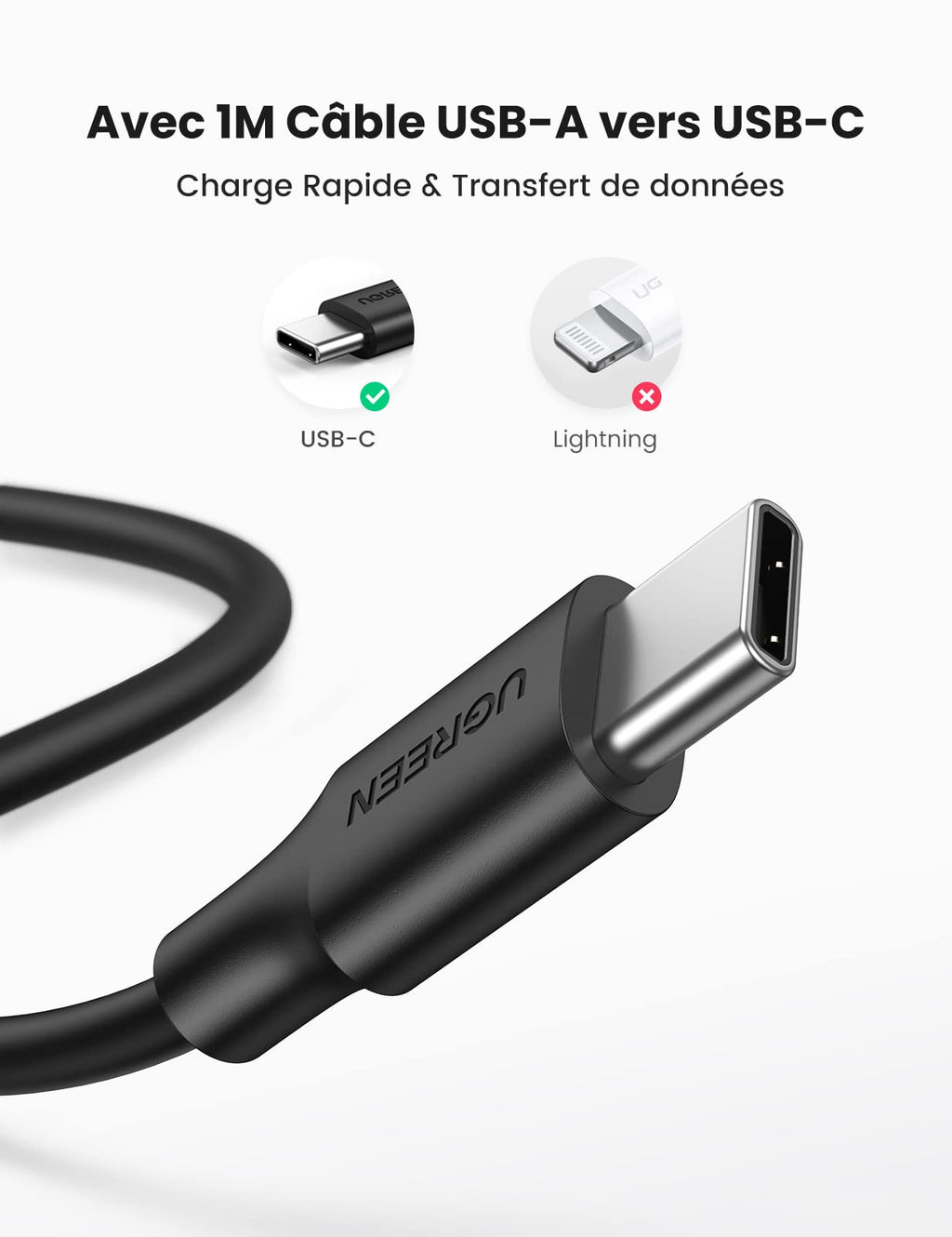 UGREEN Quick Charge 3.0 Chargeur Secteur USB et 1M Cable USB C