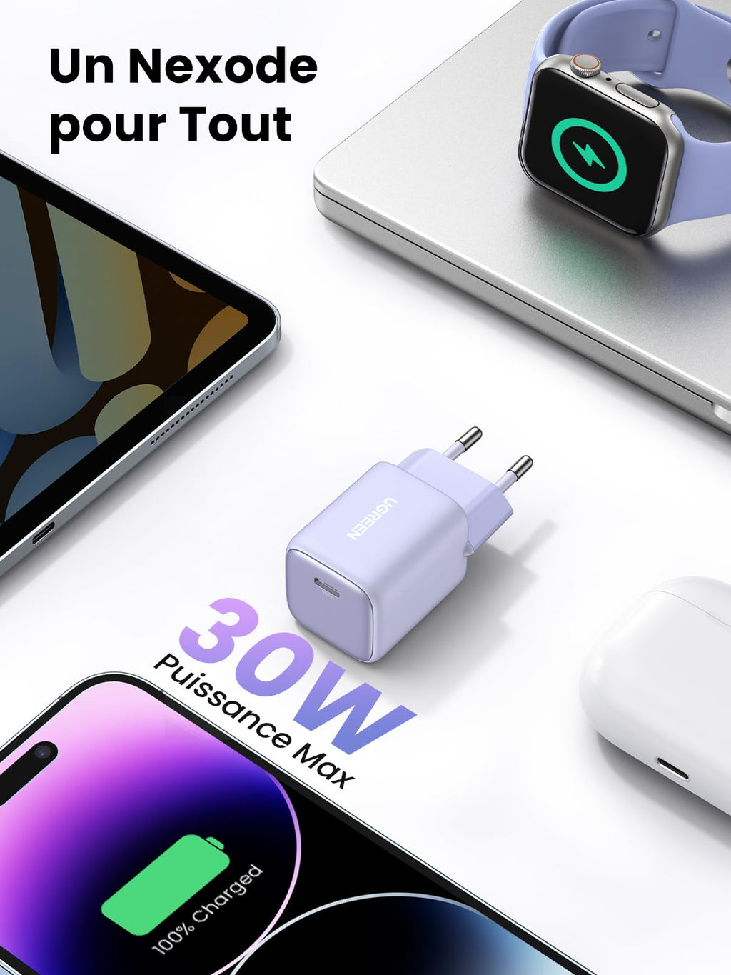 UGREEN Nexode Chargeur 30W USB C avec GaN Tech (Violet)