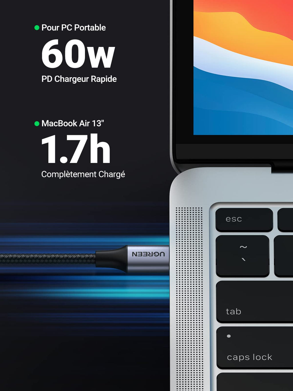 UGREEN Câble USB C vers USB C Coudé PD 60W Charge Rapide Câble Type C 90 Degrés Nylon Tressé