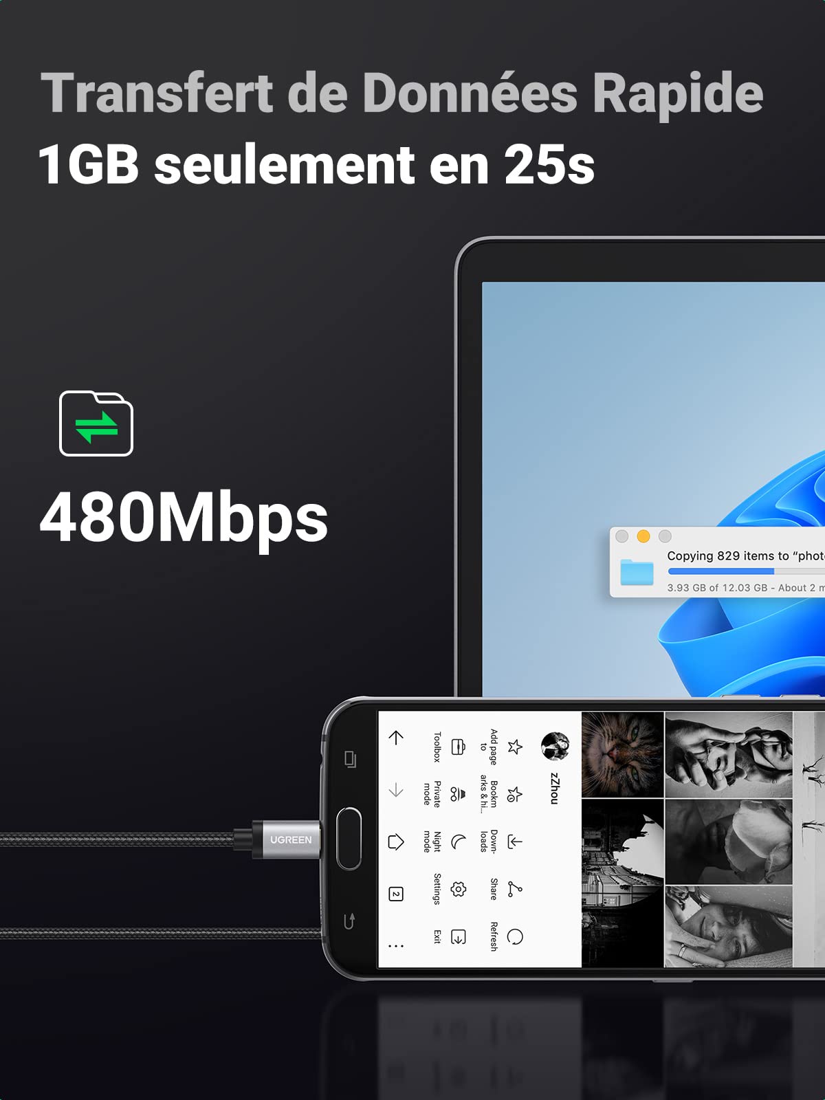 UGREEN Câble USB Micro USB Charge Rapide 18W 3A
