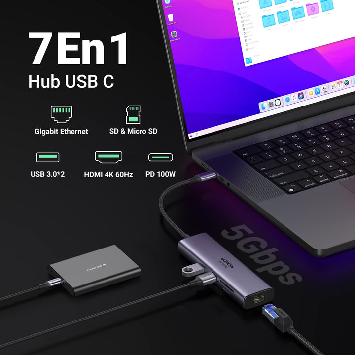 UGREEN Revodok 7 en 1 Hub USB C（compatible Ethernet HDMI 100W PD Charge Lecteur de Carte SD） - UGREEN