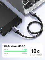 UGREEN Câble USB 3.0 Mâle A vers Micro B Câble Disque Dur Externe Nylon Tressé Compatible avec Boîtier Disque Dur Western Digital WD Elements Toshiba Canvio Seagate Maxtor (1M)
