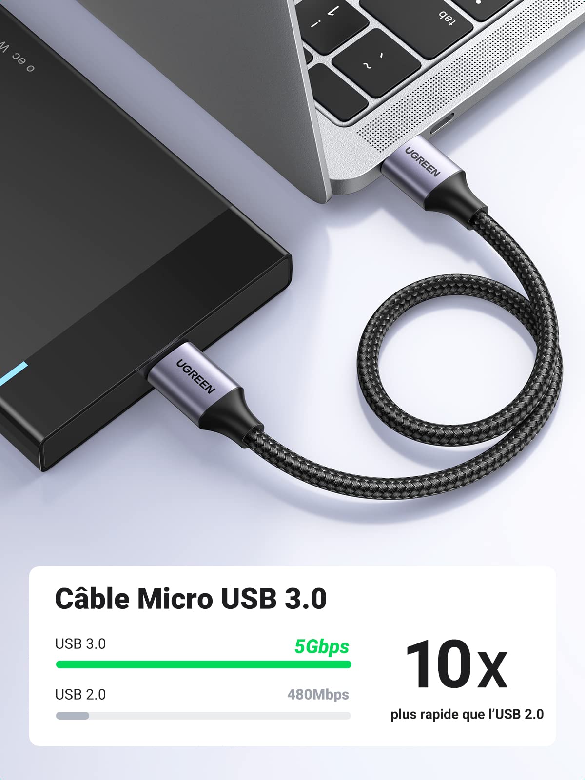 UGREEN Câble USB 3.0 Mâle A vers Micro B Câble Disque Dur Externe Nylon Tressé Compatible avec Boîtier Disque Dur Western Digital WD Elements Toshiba Canvio Seagate Maxtor (1M)
