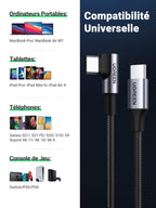 UGREEN Câble USB C vers USB C Coudé PD 60W Charge Rapide Câble Type C 90 Degrés Nylon Tressé