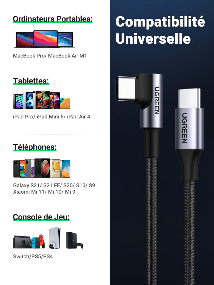 UGREEN Câble USB C vers USB C Coudé PD 60W Charge Rapide Câble Type C 90 Degrés Nylon Tressé