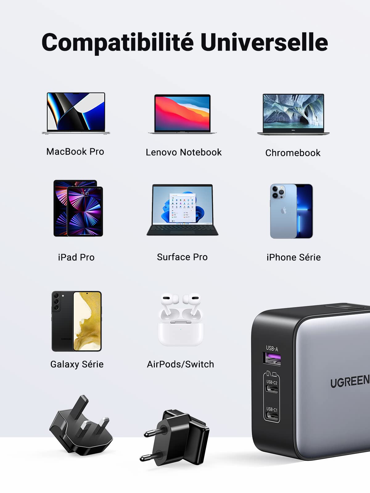 UGREEN Nexode 65W GaN Chargeur USB C 3 Ports