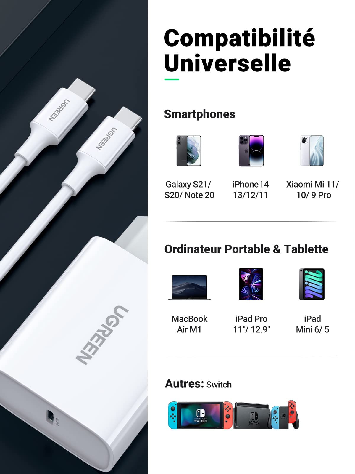 UGREEN Chargeur 30W USB C with cable