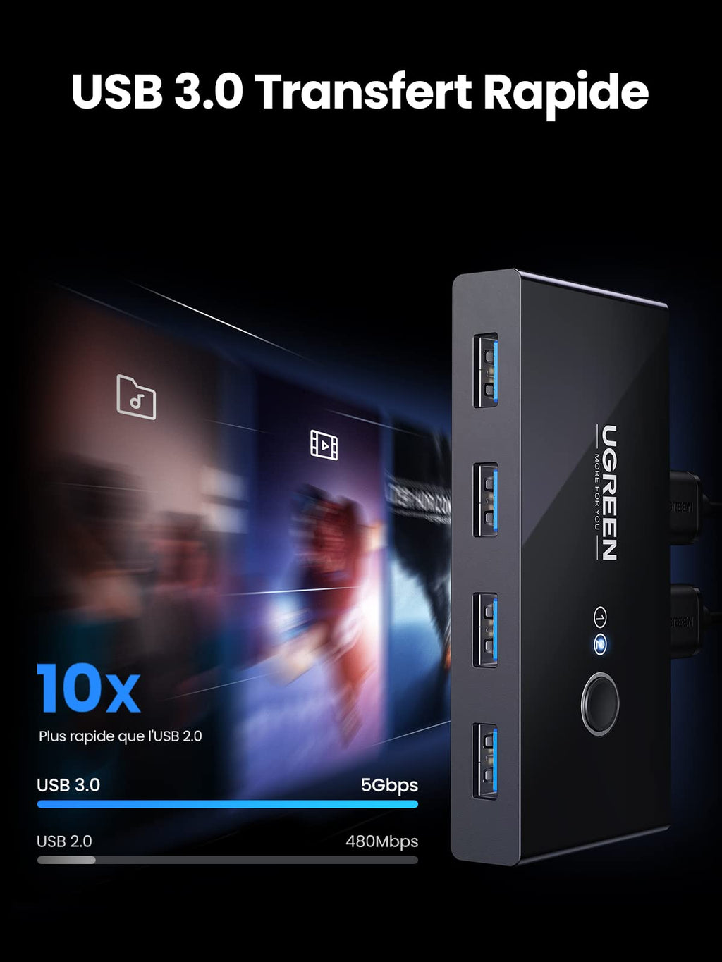 UGREEN Switch USB 3.0 Commutateur KVM 4 Ports USB
