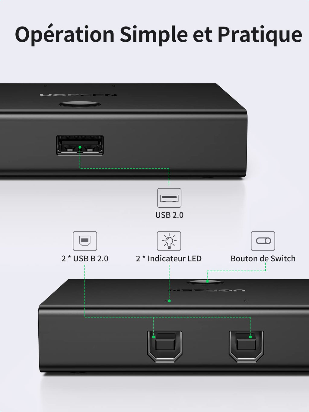 UGREEN USB 2.0 Switch, 2 Entrées 1 Sortie, Commutateur USB