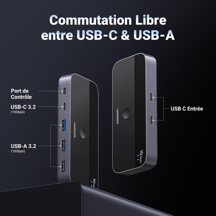 UGREEN Switch USB C 3.2 10Gbps 4 Ports USB Switch pour 2 PC Commutateur KVM 2 Entrées 4 Sorties pour Clavier Souris Disque Dur Imprimante avec Contrôleur du Bureau et 2 Câbles USB C Inclus Plug Play