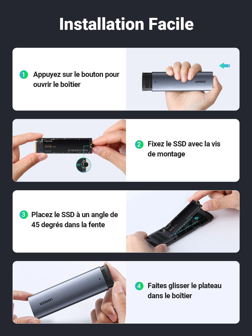 UGREEN Boîtier SSD M.2 NVME SATA USB 3.2 Gen 2 10Gbps 2To