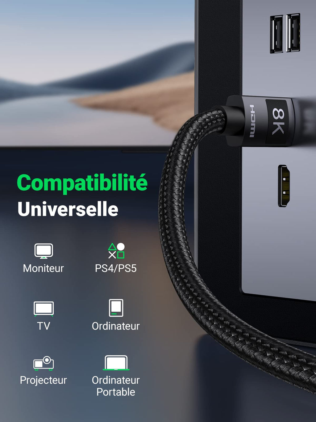 UGREEN Câble HDMI 2.1 8K 60Hz 4K 120Hz UHD Haute Vitesse 48 Gbps