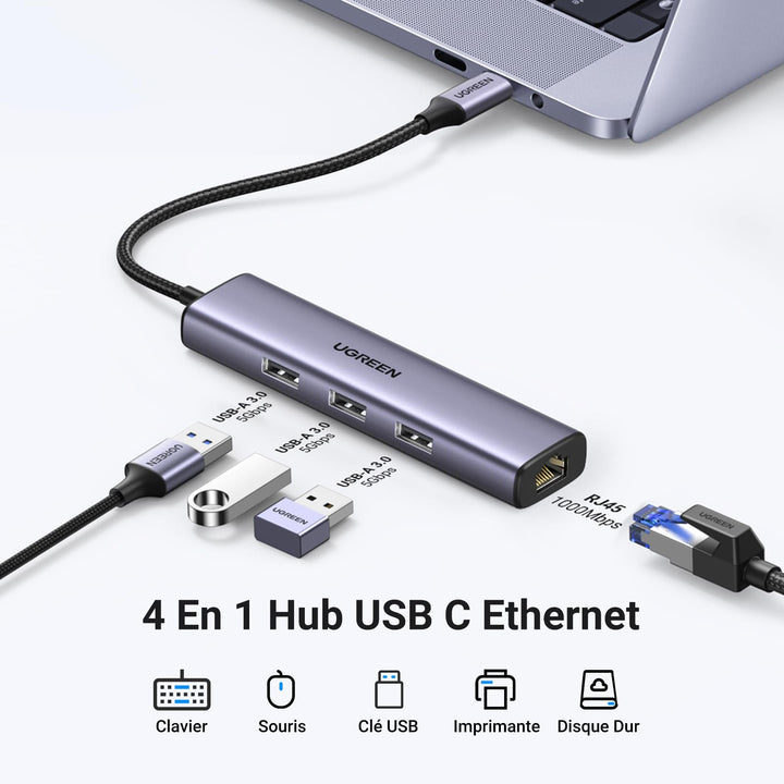 UGREEN Hub USB C Ethernet Gigabit Adaptateur USB C vers RJ45 R¨¦seau avec 3 Ports USB 3.0 5Gbps Compatible avec Galaxy S24 Ultra iPhone 15 Plus Pro Max MacBook iPad Pro Air Chromebook Surface Pro XPS