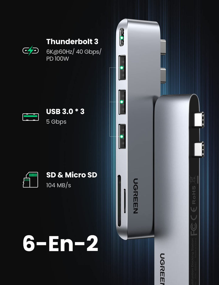 UGREEN 6 en 2 Adaptateur Hub USB C Thunderbolt 3