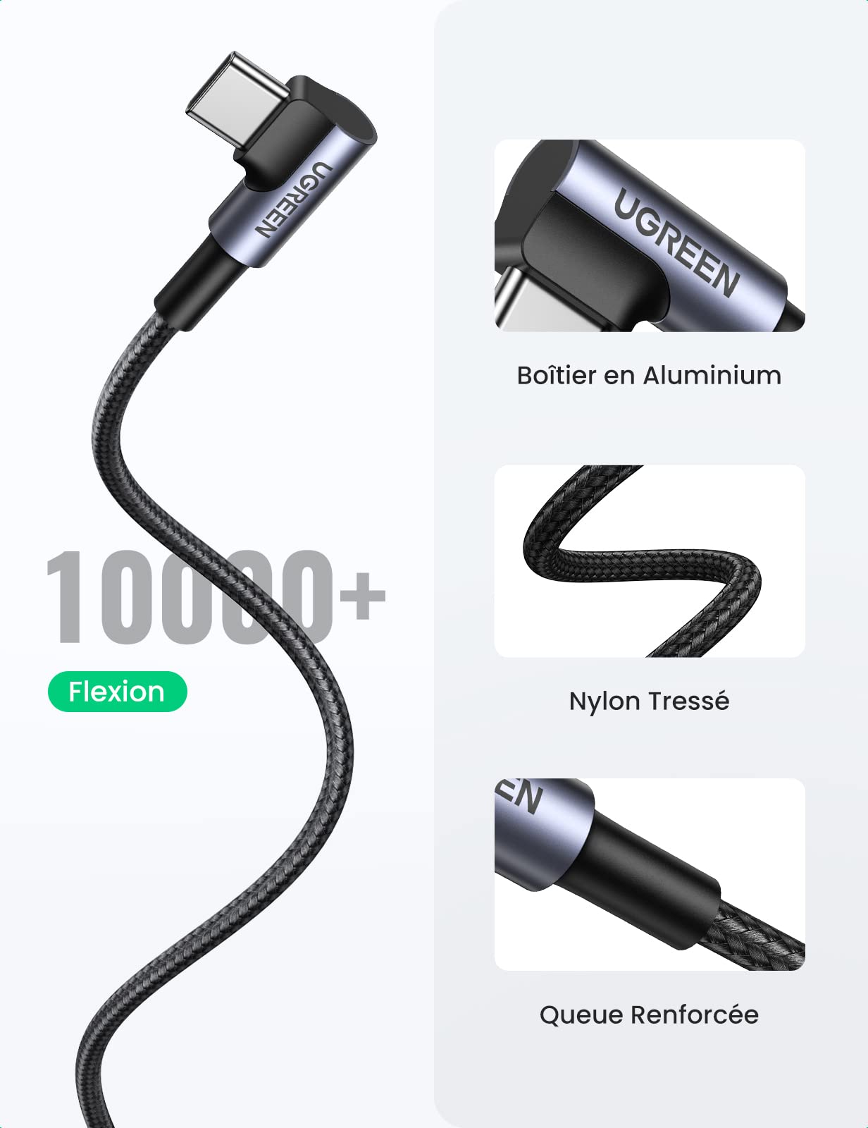 UGREEN Câble USB C Coudé 1M et 2M Lot de 2 Chargeur Type C Câble USB C Rapide 3A Nylon Tressé