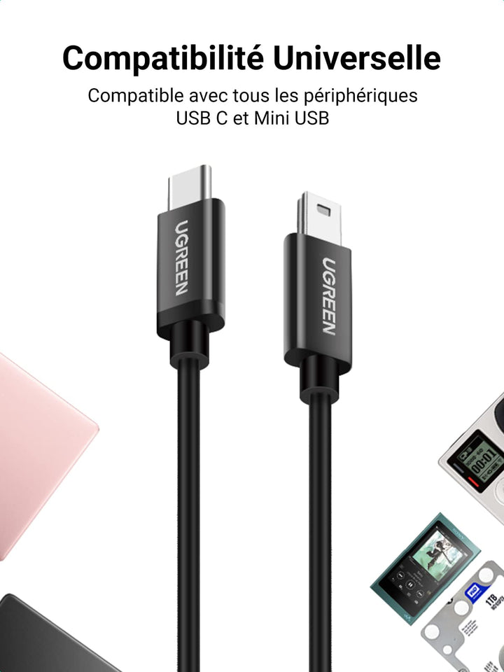 UGREEN Câble USB C vers Mini USB Cordon Type C Mini B Compatible avec MacBook Pro Air 2023 M2 M1 Appareil Photo Canon Disque Dur Garmin GPS Manette PS4 PS3 GoPro Hero 4 Black Calculatrice TI 83 1M