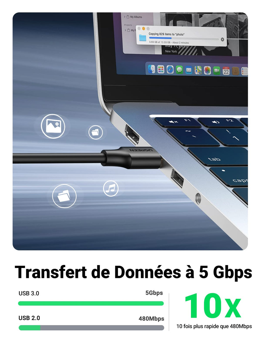UGREEN Câble Rallonge USB 3.0 Câble Mâle A vers Femelle A