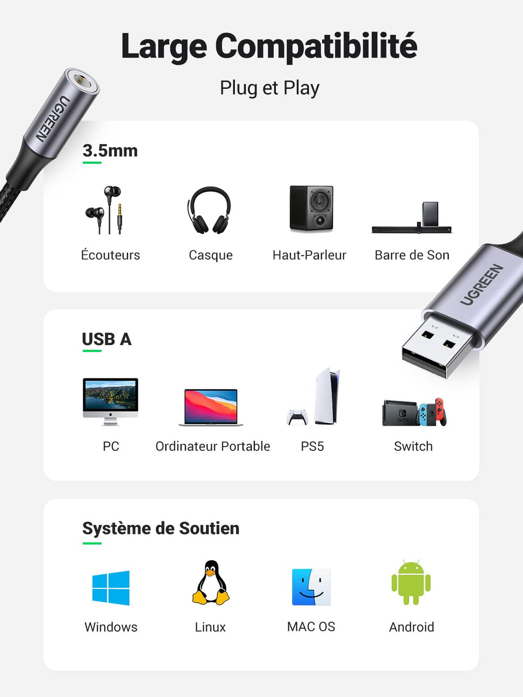 UGREEN Adaptateur USB vers Jack 3,5mm Carte Son Externe USB