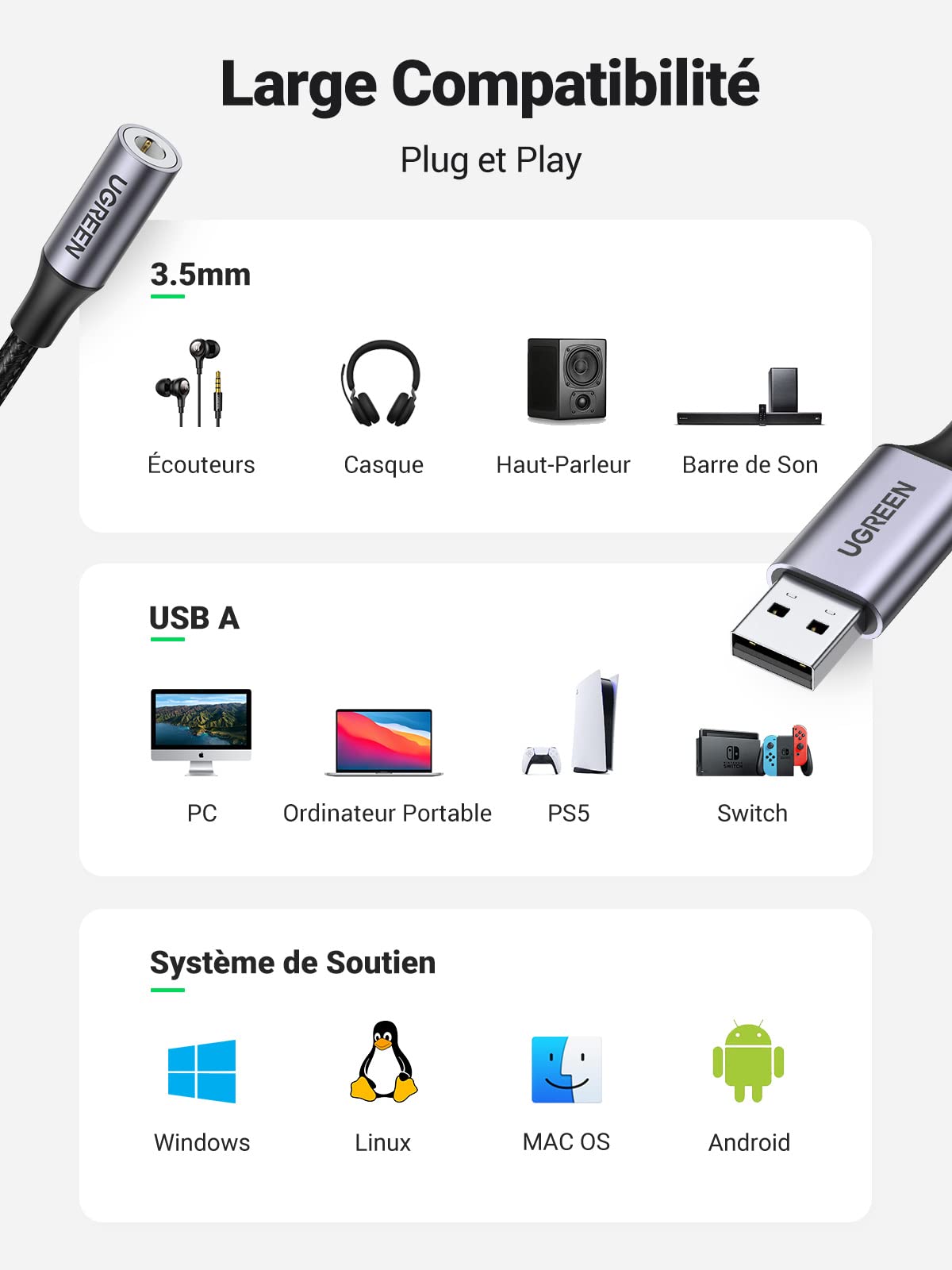UGREEN Adaptateur USB vers Jack 3,5mm Carte Son Externe USB