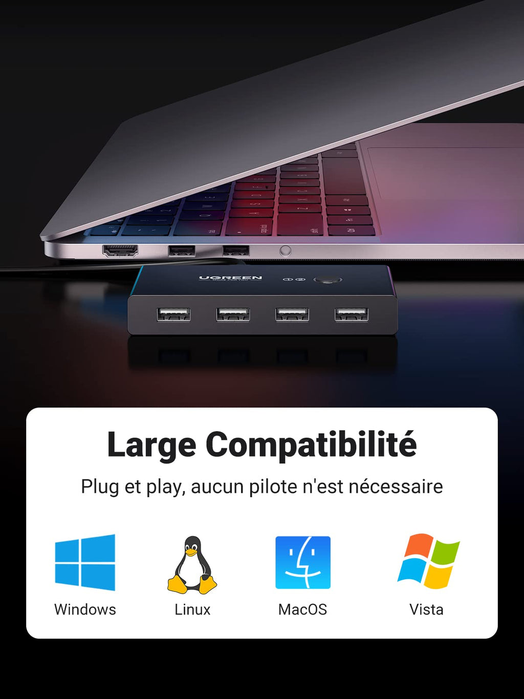 UGREEN USB 2.0 Switch 4 Ports 2 Entrées 4 Sorties USB Commutateur