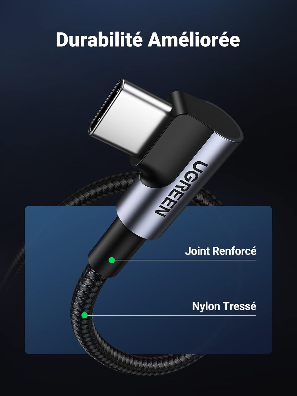 UGREEN Câble USB C vers USB C Coudé PD 60W Charge Rapide Câble Type C 90 Degrés Nylon Tressé
