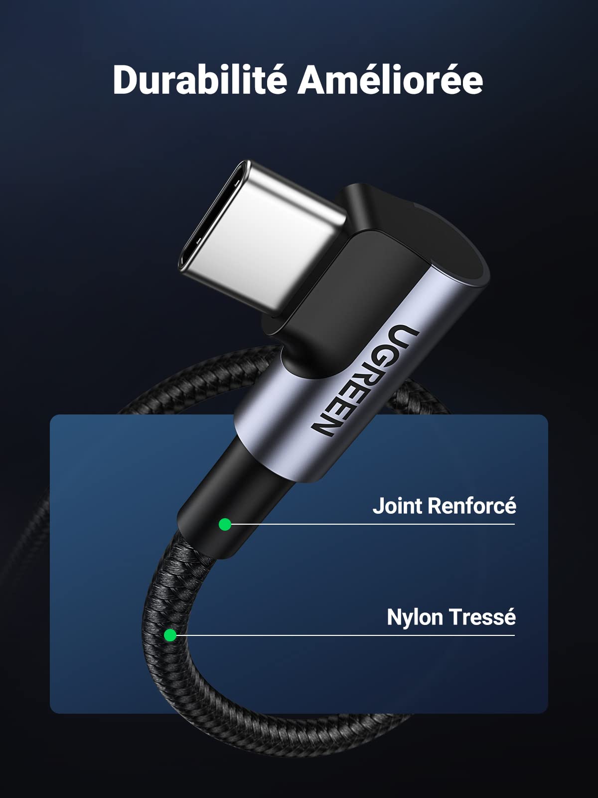 UGREEN Câble USB C vers USB C Coudé PD 60W Charge Rapide Câble Type C 90 Degrés Nylon Tressé