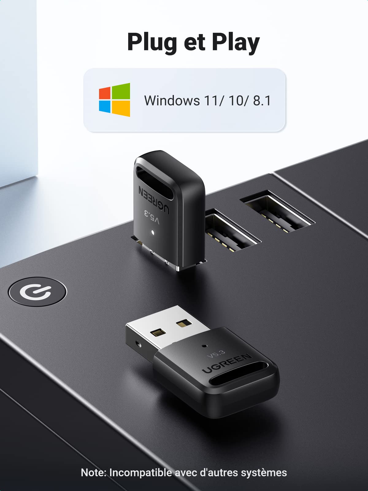 UGREEN Dongle Bluetooth 5.3 Adaptateur Bluetooth pour PC Clé Bluetooth USB Faible Latence Supporte Windows 11 10 8.1 Compatible avec Manette de Jeu Casque Clavier Souris Enceinte