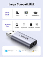 UGREEN Carte Son Externe Adaptateur USB Audio vers 3,5 mm Jack Compatible avec PC Ordinateur Portable Casque Gamer Enceinte Microphone Raspberry Pi PS5 PS4 Pro Slim MacBook Mac Mini