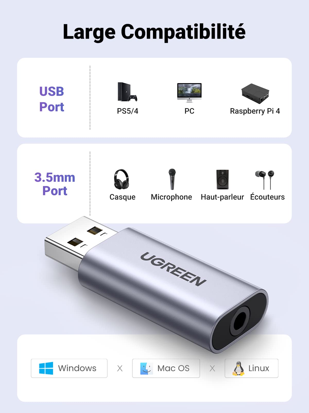 UGREEN Carte Son Externe Adaptateur USB Audio vers 3,5 mm Jack Compatible avec PC Ordinateur Portable Casque Gamer Enceinte Microphone Raspberry Pi PS5 PS4 Pro Slim MacBook Mac Mini