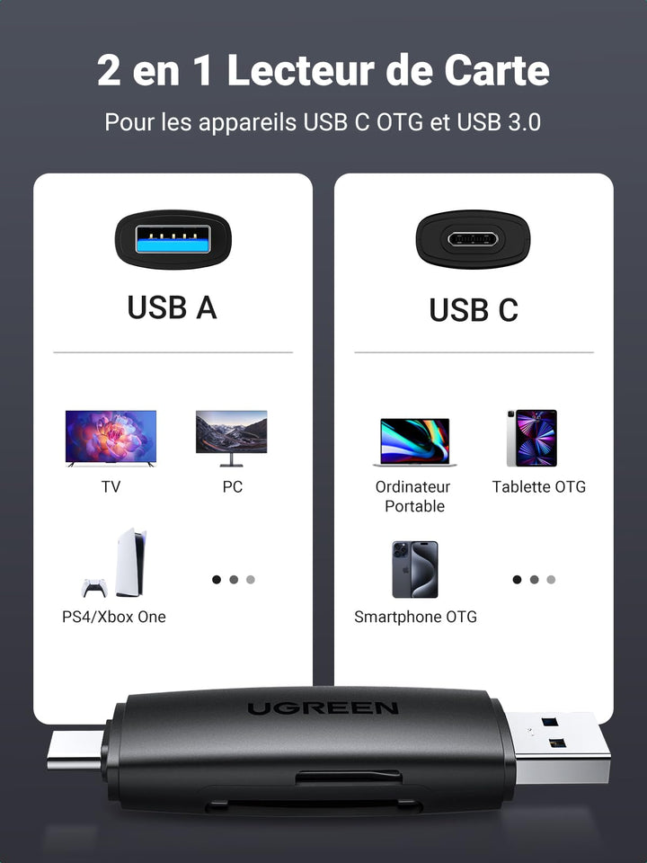 UGREEN USB C et USB 3.0 Lecteur de Carte SD Micro SD Adaptateur de Carte SD 5Gbps Super Vitesse Compatible avec iPhone 15 Plus Pro Max MacBook Pro Air M2 M1 iPad Galaxy Tab S9 A8 Galaxy S23 S24 Ultra