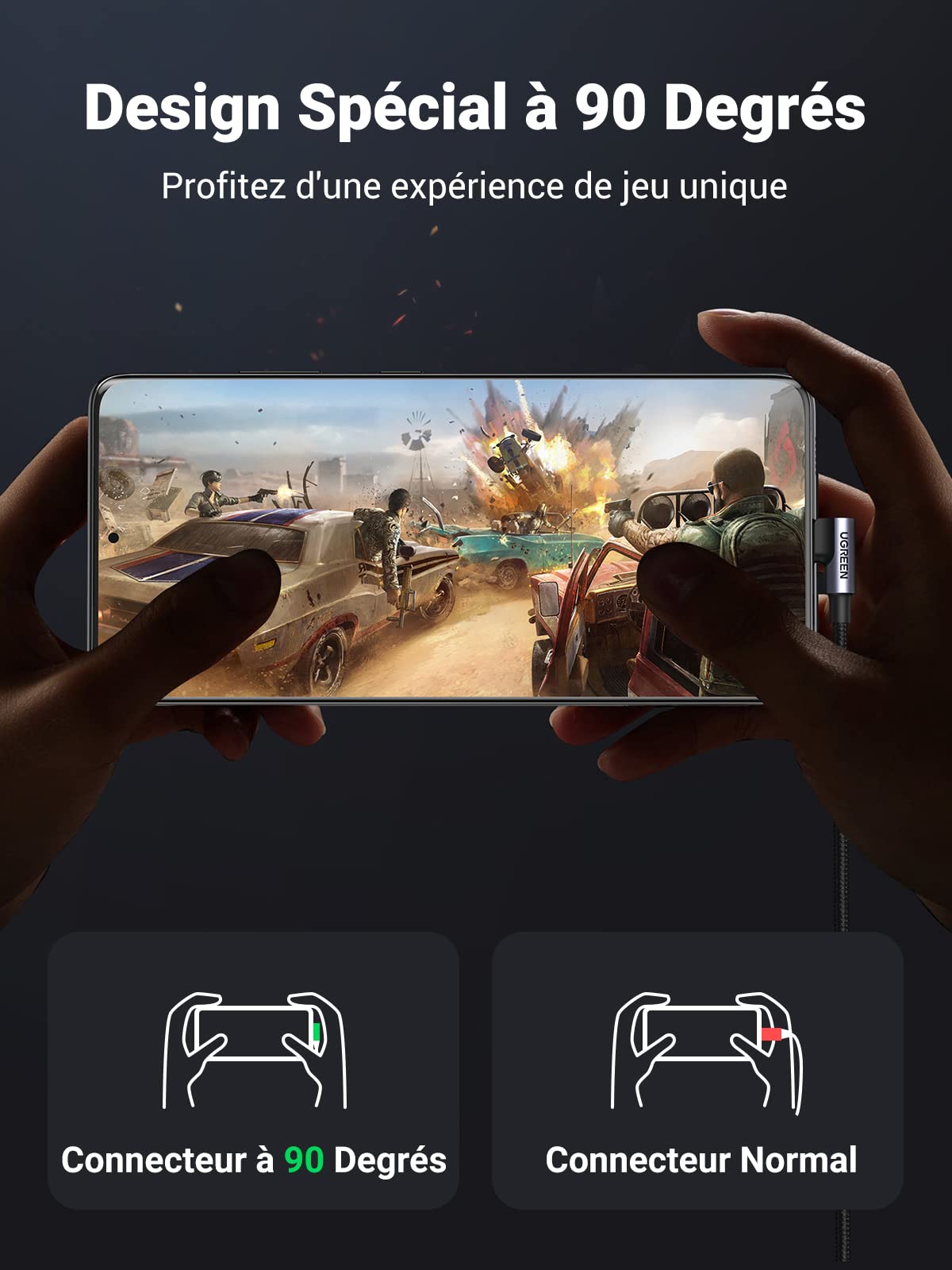 UGREEN Câble USB C Coudé 90 Degrés Charge Rapide Nylon Tressé