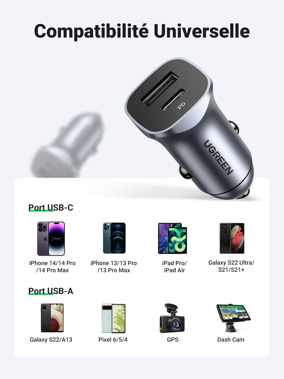 UGREEN USB C PD QC 3.0 Rapide Chargeur Voiture USB C