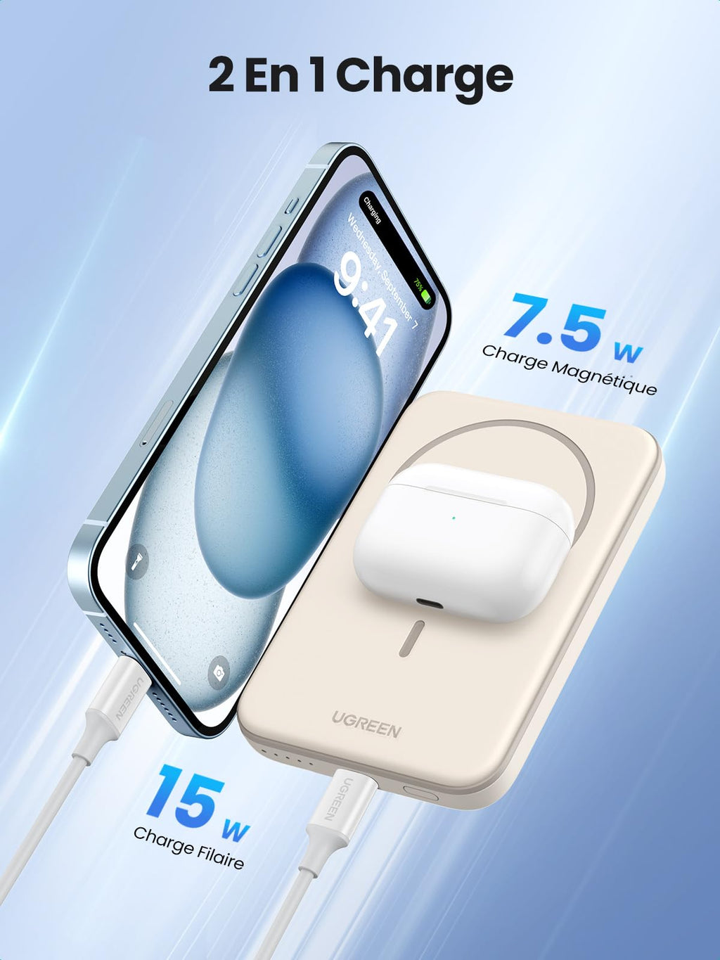 UGREEN Mini Batterie Externe Magnétique sans Fil 5000mAh 15W USB C