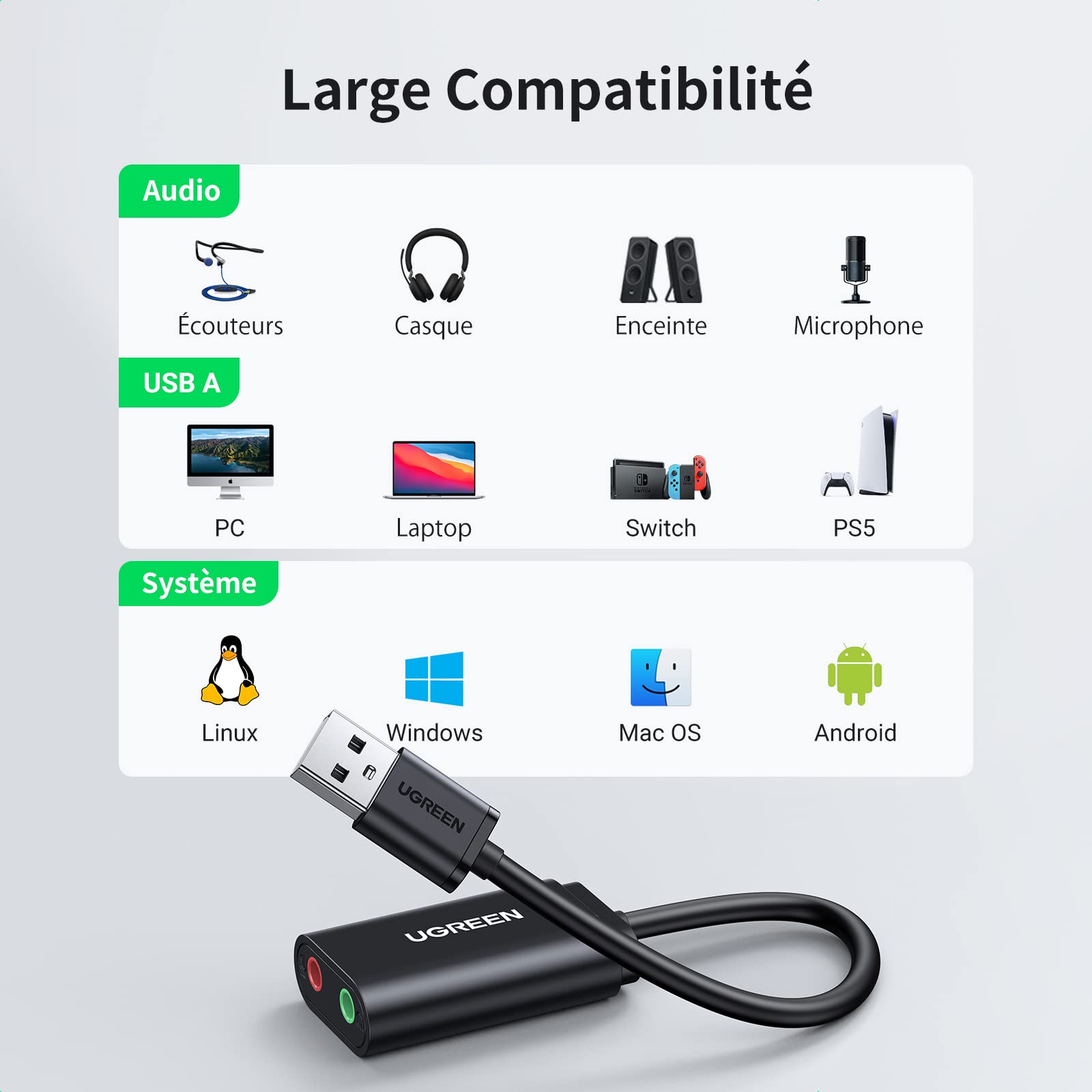UGREEN Carte Son Externe Adaptateur USB Audio Jack 3,5mm