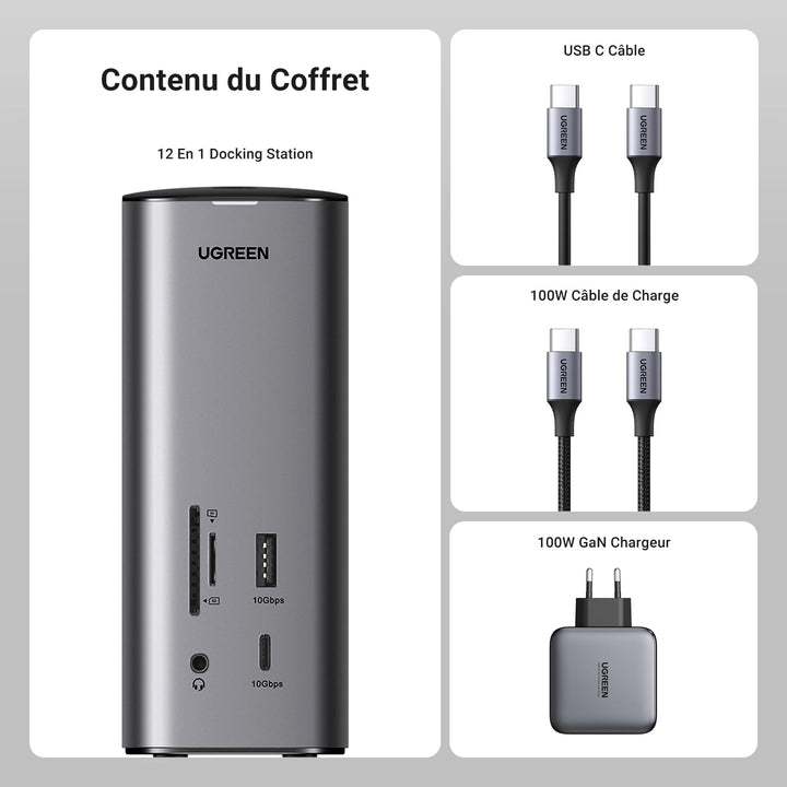 UGREEN Revodok Pro 12 en 1 Docking Station USB C 8K30Hz 4K60Hz Double HDMI DisplayPort Hub Adaptateur USB C 3.2 10Gbps 100W Charge Ethernet Gigabit Lecteur de Carte Compatible avec MacBook Pro Air