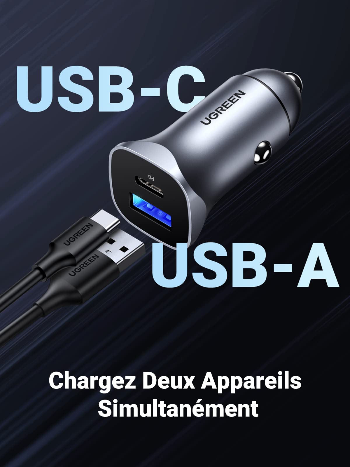 UGREEN Chargeur Voiture USB C 30W PD QC 3.0 PPS Avec Câble - Compatible IPhone 16 15 14 Galaxy S24 Pixel 9 IPad