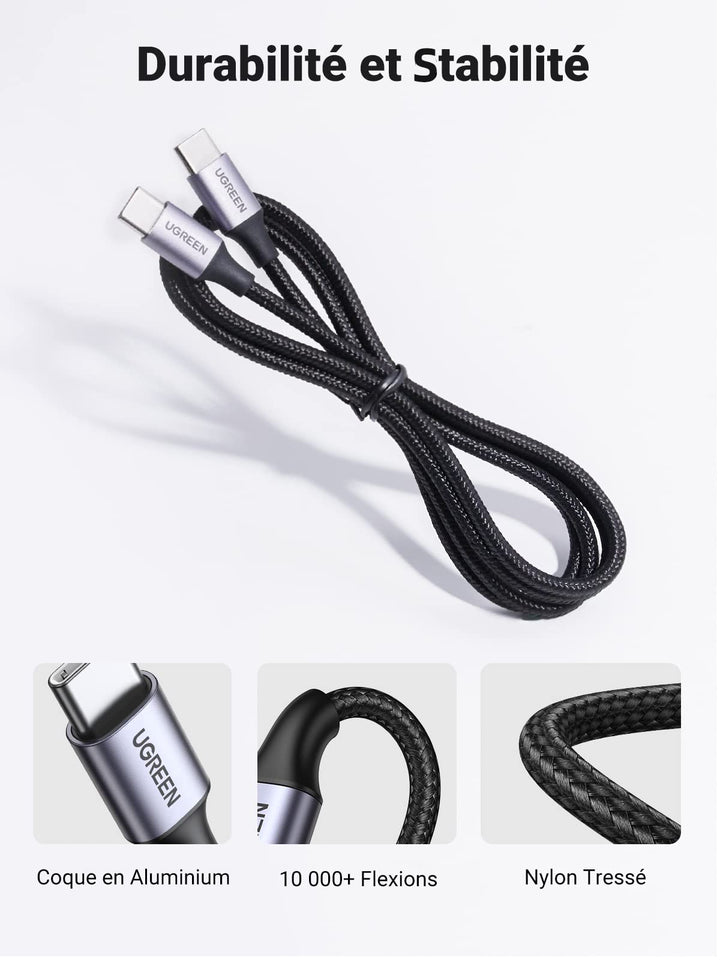 UGREEN Câble USB C vers USB C PD Charge Rapide 60W Nylon Tressé