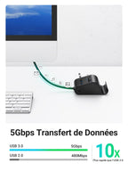 UGREEN Hub USB A 3.0 avec Lecteur de Carte Micro SD MS M2 et 3 Ports